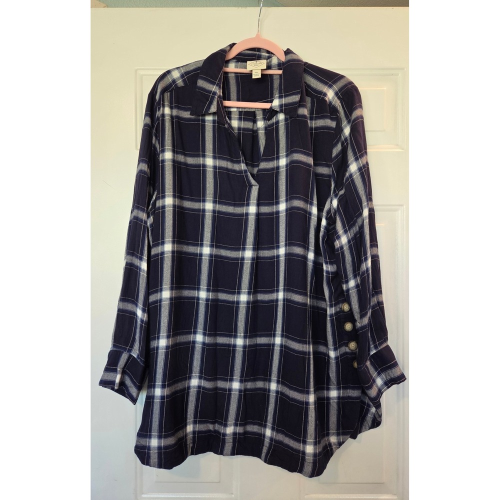 St Johns Bay Navy Blue Plaid Rayon V-Neck Tunic Blouse XXL Womens Long Sleeve